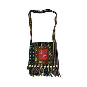 Vintage Bohemian Embroidered Crossbody Bag With Fringe & Bead Details BOHO